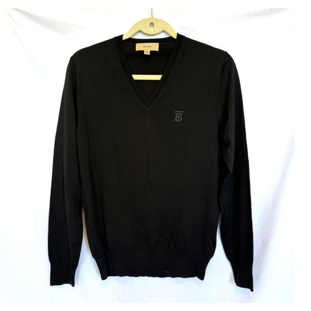 Men's Burberry Uniform Black Merino Wool V-Neck Logo Sweater, XS, Luxury Preppy